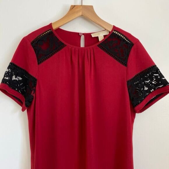 MICHAEL Michael Kors Women's M Red Black Lace Short Sleeve Shift Dress Knee - Picture 15 of 16